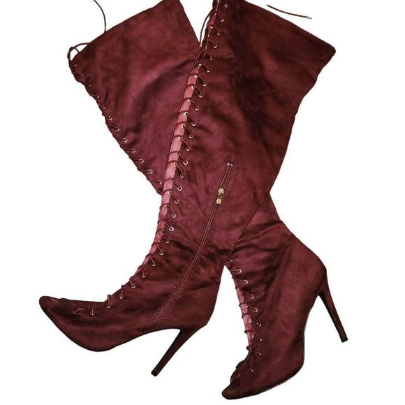 Burgundy Peep Toe Lace Up Over The Knee High Heel Boots Size 9 - Picture 1 of 7